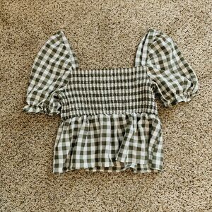 Checkered green and white puff sleeve blouse